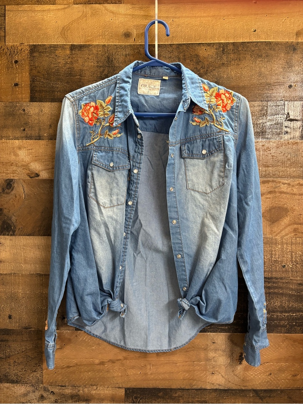 Grace Light Blue Denim Shirt with Orange Floral Embroidery EUC Size Small - Picture 2 of 13